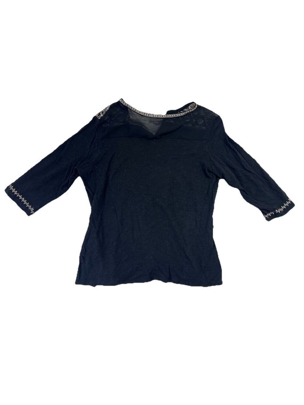 CB Established 1962 Womans Top 3/4 Sleeves Boho Black Shirt Embroidered Peasant - Picture 3 of 13